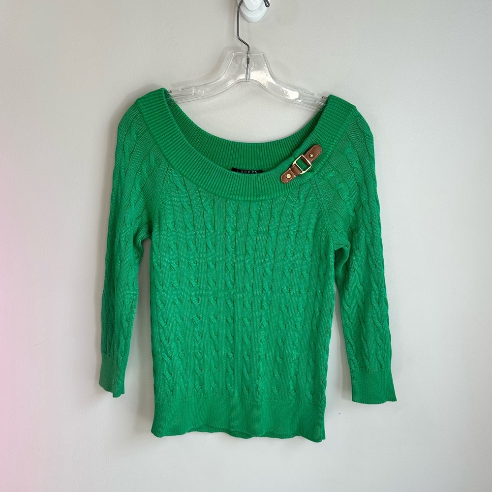 Lauren Ralph Lauren Cable Knit Round Neck 3/4 Sleeve Sweater Green Size Small - Picture 7 of 7